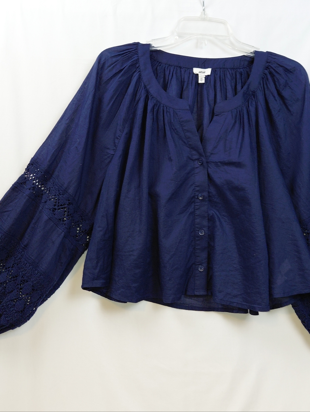 Aerie Boho Cropped Loose Lightweight Cotton‎ Blouse Women's sz XS Navy Blue